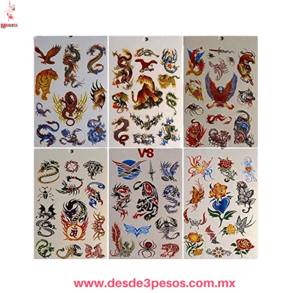 Paquete con 10 Blocks de Tatuajes Temporales con 6 Hojas en varios modelos 13 x 17cm. - Imagen 2