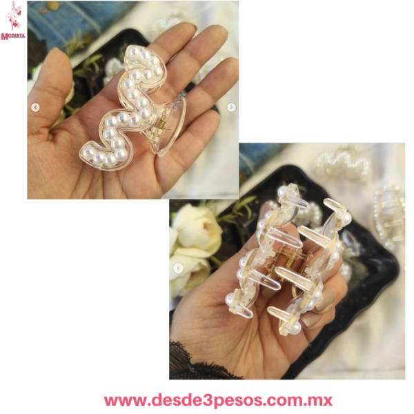 Paquete con 12 Pinzas para Cabello en forma de  Gusano transparente con Perlas 7 x 4 cm. - Imagen 2