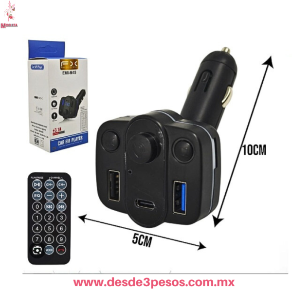 Transmisor FM Bluetooth Para auto,   - Reproductor MP3 y Cargador USB EMI-M45 Marca FX