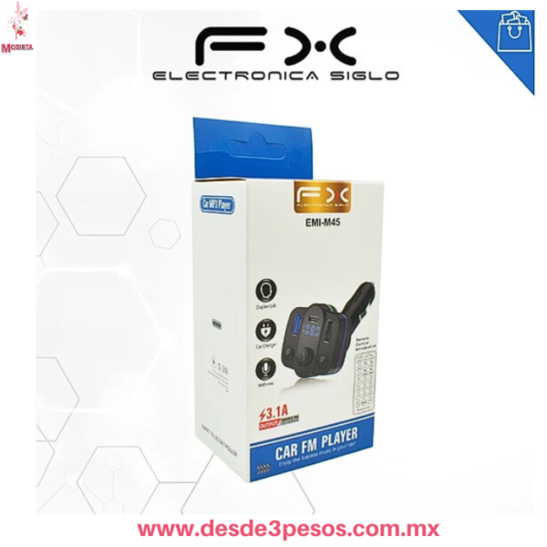 Transmisor FM Bluetooth Para auto,   - Reproductor MP3 y Cargador USB EMI-M45 Marca FX - Imagen 2