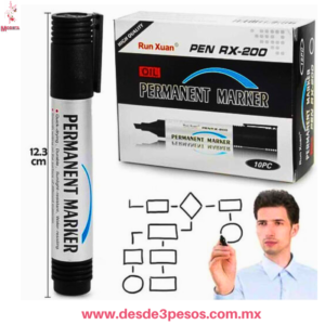 Caja de 10 Marcadores Permanentes NEGROS, 12 CMS.  Run Xuan RX-200