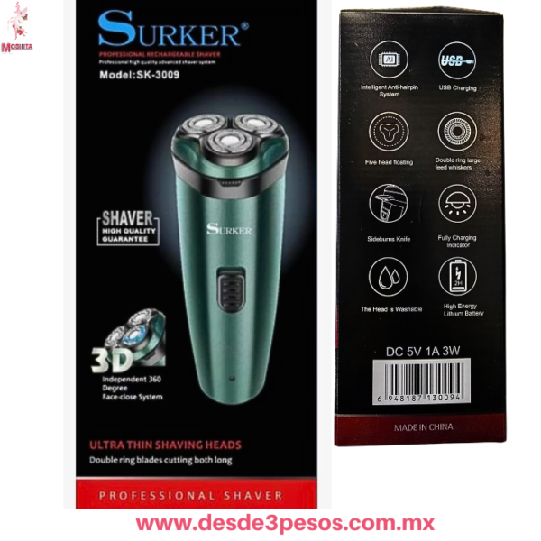 Afeitadora Recargable 3 cuchillas circulares, ,  Marca Surker SK-3009: Carga USB, Cuchillas 3D