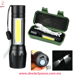 Linterna LED  Recargable USB Potente con Luz Lateral COB, Estuche y Correa 14 cm largo Mod. W8081-C805