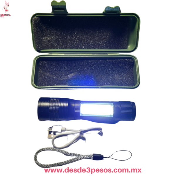 Linterna LED  Recargable USB Potente con Luz Lateral COB, Estuche y Correa 14 cm largo Mod. W8081-C805 - Imagen 2