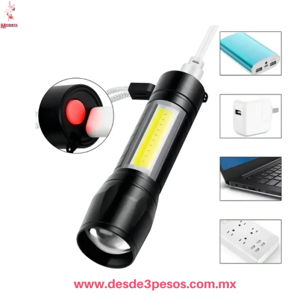 Linterna LED  Recargable USB Potente con Luz Lateral COB, Estuche y Correa 14 cm largo Mod. W8081-C805 - Imagen 3