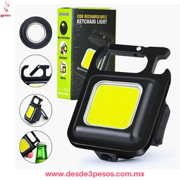 Llavero LED Cuadrado, Destapador, Recargable, con Imagn COB  6x4cm Mod. DT-808-494A - Imagen 3