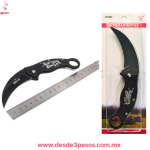 Navaja Karambit Plegable  Dragón Negro – Hoja 6.5cm / Total 16.5cm, con Anillo ancho 3 cm. JF8882