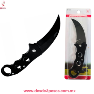 Navaja Karambit Plegable Negra Táctica con Mango Calado y Anillo, 7cm Hoja / ~17cm Total JF830