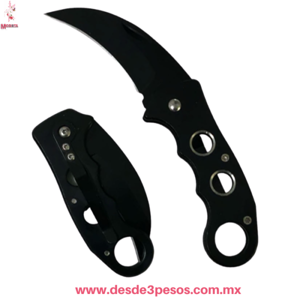 Navaja Karambit Plegable Negra Táctica con Mango Calado y Anillo, 7cm Hoja / ~17cm Total JF830 - Imagen 2
