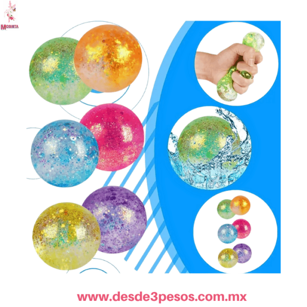 Pelota Antiestrés  con Glitter Brillante (Aprox. 6cm) Caja con 12 piezas UQ-J011-08 - Imagen 2