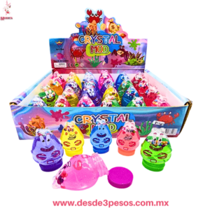 Caja con 24 piezas de slime en figura de Cangrejo con Glitter y bolitas de unicel 6 Cm Aprox. H-1784