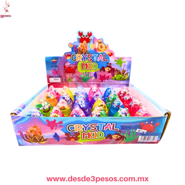 Caja con 24 piezas de slime en figura de Cangrejo con Glitter y bolitas de unicel 6 Cm Aprox. H-1784 - Imagen 2