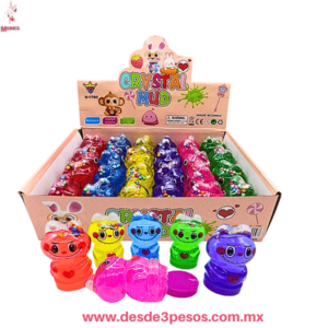 Caja con 24 piezas de slime en figura de Labubu con Glitter y bolitas de unicel 6 Cm Aprox. H-1790