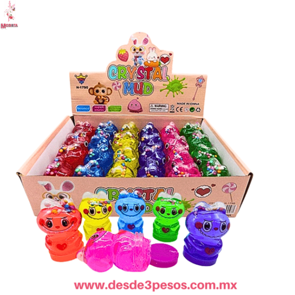 Caja con 24 piezas de slime en figura de Labubu con Glitter y bolitas de unicel 6 Cm Aprox. H-1790
