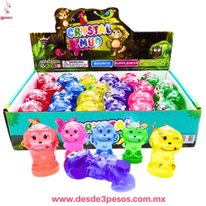 Caja con 24 piezas de slime en figura de mono con Glitter y bolitas de unicel 6 Cm Aprox. H-1774