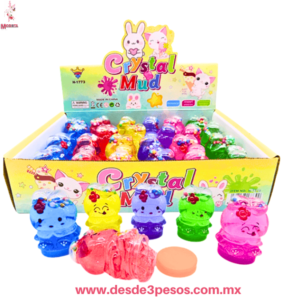 Caja con 24 piezas de slime en figura de HELLO KITTY con Glitter y bolitas de unicel 6 Cm Aprox. H-1773