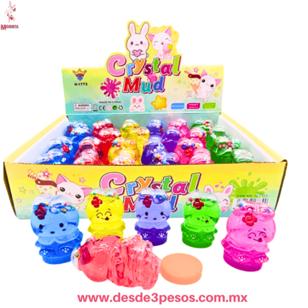 Caja con 24 piezas de slime en figura de HELLO KITTY con Glitter y bolitas de unicel 6 Cm Aprox. H-1773