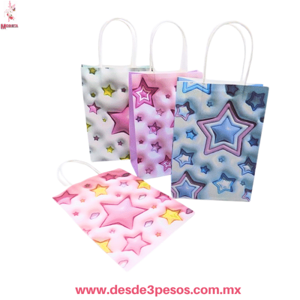 12 Bolsas de Regalo de Papel decorado Moño y Estrellas  Elegante 21x15 cm LPS-1