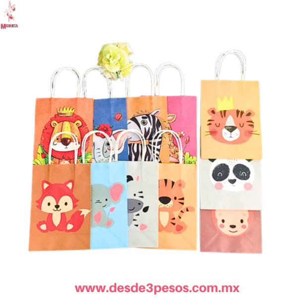 Kit de 12 Bolsas de Regalo Safari - Animales de la Selva | Papel Kraft para Fiestas  Medidas,  21x15x8 cm] LPD-1