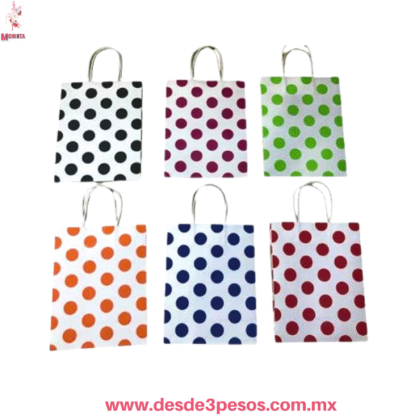 12 Bolsas de Papel Kraft para Regalo con Lunares de Colores Y Ositos  22x18x10 cm. LPD-1
