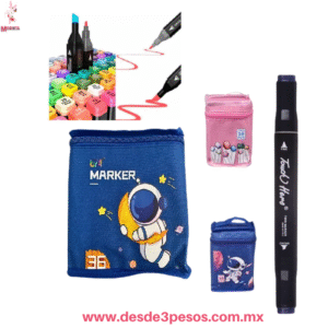 Set 36 Plumones Touch Hero Doble Punta con Estuche de Astronauta Tela Rosa y Azul YONG-078-2