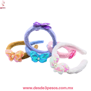 Diadema de Peluche para Niña  con Mariposa de Lentejuelas, Unitalla. MC24-A02