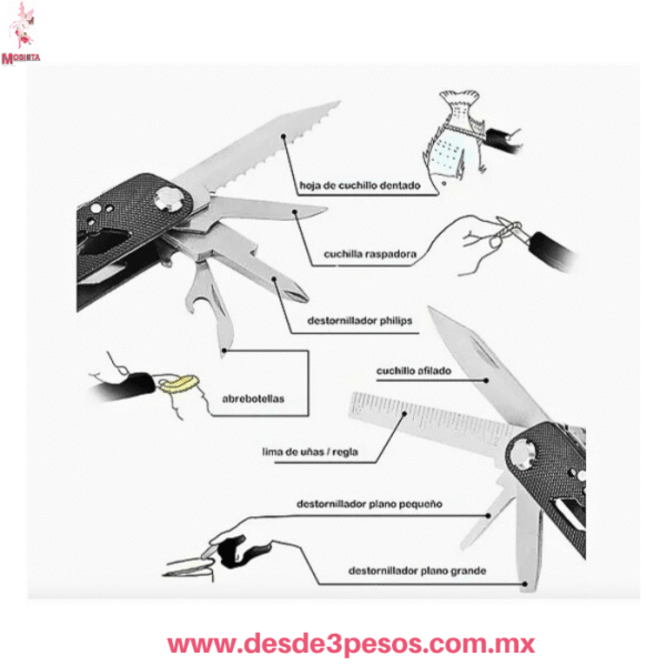 Pinzas Multiherramienta Táctica de Acero Inoxidable con 11 Puntas y Estuche - [16 X 6.5 cm cerrada] W-3504 - Imagen 2