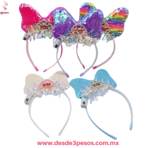 Diadema con Moño de Lentejuelas y Luz LED - Corona "Kiss" , Moño y Unicornio 22 x 12 cm. GH-217