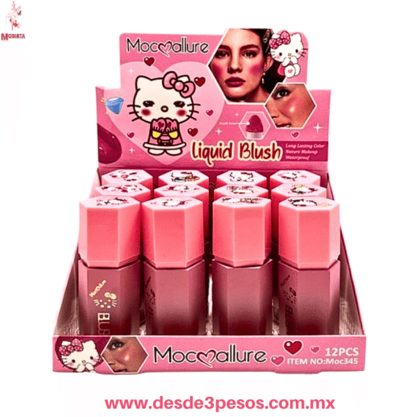 Rubor Líquido FAVOR BEAUTY Hello Kitty  con Aplicador de Esponja, 8 x 3.5cm.  Larga Duración 4 tonos  BL9107