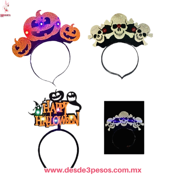 Diadema de Halloween con Luz LED Modelos Calabaza y Calavera pilas incluidas  20 x 19cm. Aprox. - Imagen 2