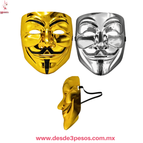 Máscara V de Venganza Guy Fawkes Anónimo  19x17cm  Dorada o Plateada WSJ-5549 - Imagen 2