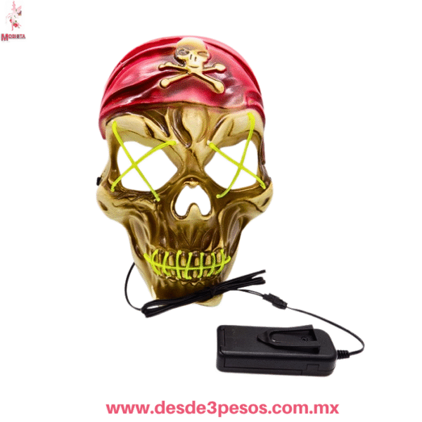 Máscara LED Calavera Pirata - Luz Neón para Fiestas - Unitalla, 18x26cm. WSJ-5523 ocupa 2 pilas AA no incluidas - Imagen 2