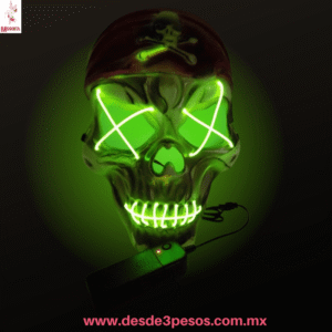 Máscara LED Calavera Pirata - Luz Neón para Fiestas - Unitalla, 18x26cm. WSJ-5523 ocupa 2 pilas AA no incluidas