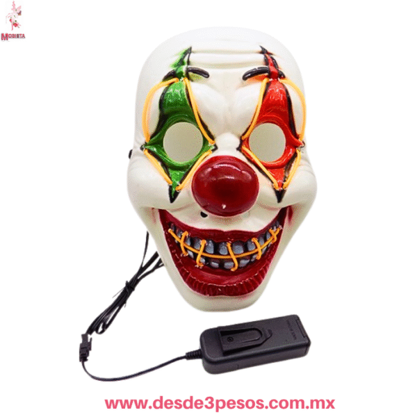 Máscara de Payaso del Terror con Luz Neón LED  Halloween  22x29cm WSJ-5575 ocupa 2 pilas AA no incluidas - Imagen 2