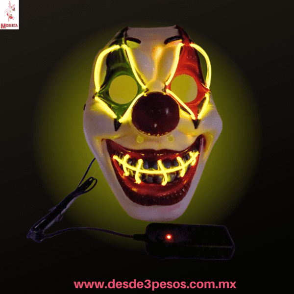 Máscara de Payaso del Terror con Luz Neón LED  Halloween  22x29cm WSJ-5575 ocupa 2 pilas AA no incluidas