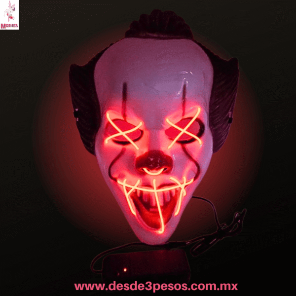 Máscara de Payaso LED Neón | Estilo Terror/Purge | Unitalla | Genérica 22x28cm. WSJ-5575 Ocupa 2 pilas AA no incluidas - Imagen 2