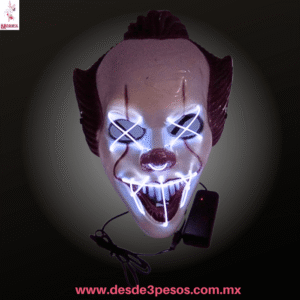 Máscara de Payaso LED Neón | Estilo Terror/Purge | Unitalla | Genérica 22x28cm. WSJ-5575 Ocupa 2 pilas AA no incluidas
