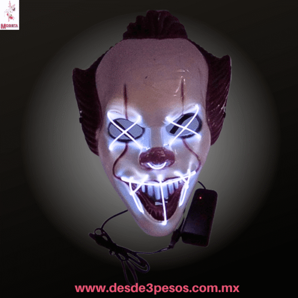 Máscara de Payaso LED Neón | Estilo Terror/Purge | Unitalla | Genérica 22x28cm. WSJ-5575 Ocupa 2 pilas AA no incluidas