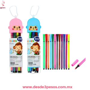 Botecito con 12 plumines Changuito Rosa y Azul estampado , Elice en Tapa 20 cm. De Alto