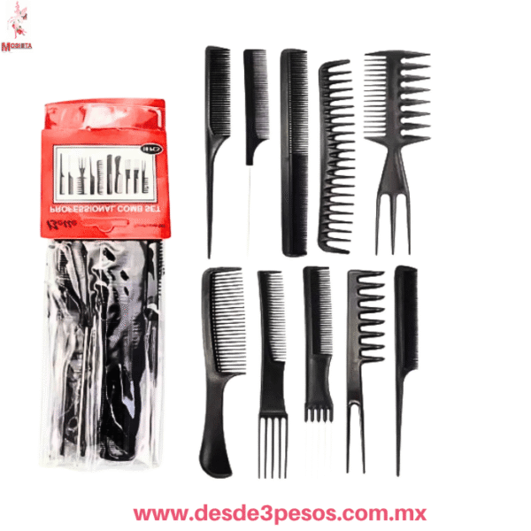 Set Profesional de 10 Peines para Estilismo y Peluquería 21X3CM. Kit Antiestático Negro ITEM NO:10-10 - Imagen 4