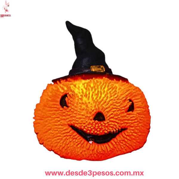 Calabaza Luminosa Antiestrés de Halloween con Sombrero de Bruja 10x7cm. F-624