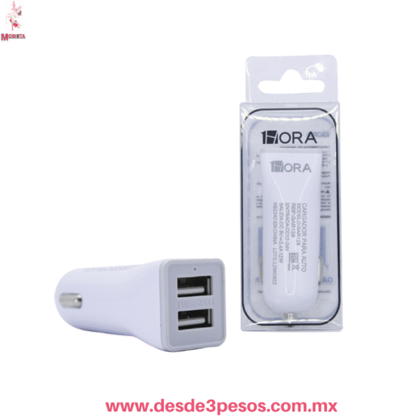 Cargador Para Auto , Doble Puerto USB Carga Rápida 2.4A + 1A, Blanco Compacto GAR128, Marca 1Hora