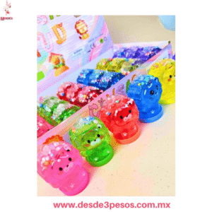 Caja con 24  Slime Cristal en forma de LEON  con Glitter y bolitas de Unicel  8 x 5 cm