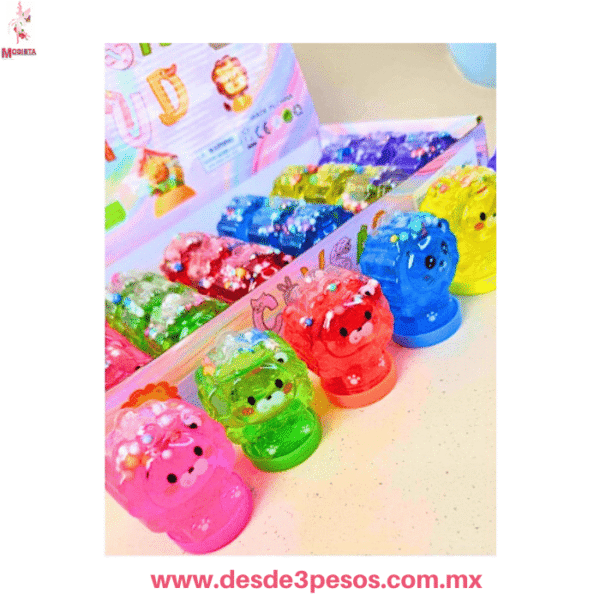 Caja con 24  Slime Cristal en forma de LEON  con Glitter y bolitas de Unicel  8 x 5 cm
