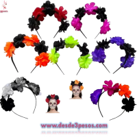 Diadema de Catrina en material de Metal Forrada con Flores en colores 16 cm