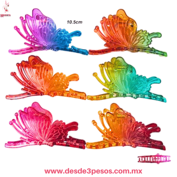 Pquete con 12 Pinza en forma de Mariposa Transparente 11 x 5cm. 6 Colores Vibrantes QHP-F392