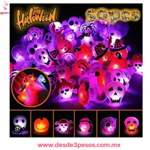 Caja con 50 anillos de Halloween con luz diferentes modelos pilas incluidas