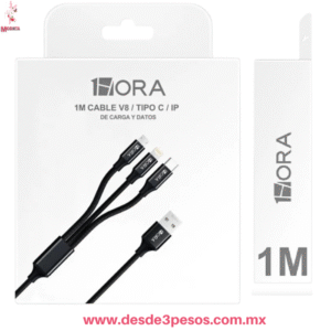 Cable 3 en 1 V8, Tipo C,  1mt. Largo Marca 1Hora Carga y Datos CAB259