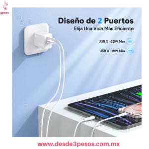 Cargador Rápido  20W, Doble Puerto (USB-C y USB-A), Compacto y Potente GAR161 Marca 1HORA