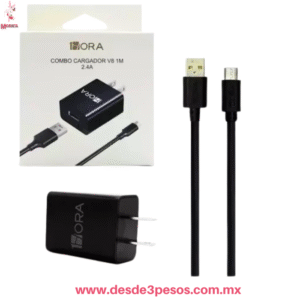 Combo Cargador Micro, Cable Usb Marca 1Hora en color Negro 1M 2.4A, 12W MAX